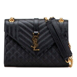 Saint Laurent YSL Logo Envelope Shoulder Bag Black Gold Leather